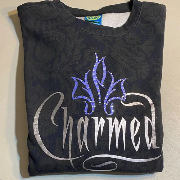 Charmed Women's Black Crewneck Sweater with Blue Stud Accent - Picture 5 of 5